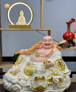 tượng Phật Di Lặc gánh nhân sâm bằng bột đá trắng Đài Loan đẹp
